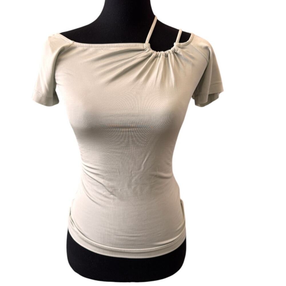 REISS Cierra Asymmetric Off-Shoulder Strappy Top Size XS Sage Green Viscose New